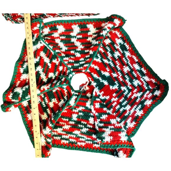 Handmade Christmas Tree Skirt Medium Table Cover Set Crochet Vintage Holiday - Picture 4 of 13